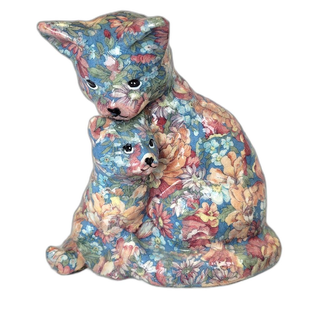VNTG. Cat With Kitten Glazed Decoupage Floral Chintz Pattern Statue Figurine 10"